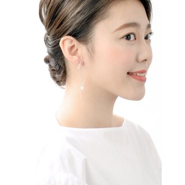 VingTAINE E2051-S Pearl Wave Line Non-Hole Earrings, Long Earrings, Simple, Swaying, Resin, Pearl Brass