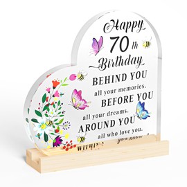 SZXYCZL 70 Year Old Birthday Gifts For Women Heart Shaped Acrylic Gifts Plaque 70th Birthday Gifts For Women Keepsake Plaque Ornament Sign Happy Birthday Gifts