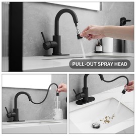 Black Bathroom Sink Faucet with Pull Out Sprayer for 1 Hole,Bar Sink with Pop-Up Drain,Single Handle Small Kitchen Faucet with 4 in Deck Plate,360°Swivel Faucet for Farmhouse Vanity