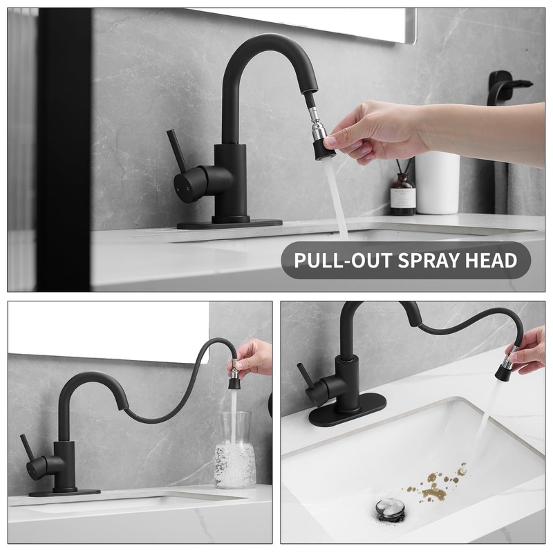 Black Bathroom Sink Faucet with Pull Out Sprayer for 1