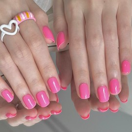 24 Pcs Solid Pink Christmas Nails - Medium Acrylic Press Ons, Handmade, Short Square Shape