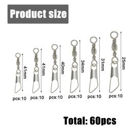 DHWEKU Pack of 60 Swivels Fishing Trout Fishing Swivel Carabiner Stainless Steel Fishing Swivel with Carabiner Fishing Bait Fishing Swivels for Saltwater Swivels, Fishing Accessories Swivels 6 Size 6#