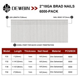 DEWBIN 18 Gauge Brad Nails, 6000 Counts 2-inch 18 GA Brad Nails, Galvanized Nails for Nail Gun, Finishing Nail Gun Nails for Pneumatic, Electric Brad Nailer Gun