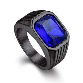 Bandmax Black Blue Topaz Rings for Women Men Stainless Steel Blue Stone Rings Cubic Zirconia Signet Ring Statement Ring September Birthstone Ring Size 7
