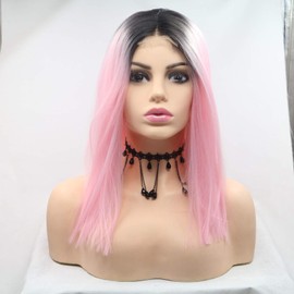 variouswig pink with brown root lace front wig 14 inches Short Bob Shoulder Length Synthetic Wig High Heat Resistant Fiber for Fashion Women Cosplay