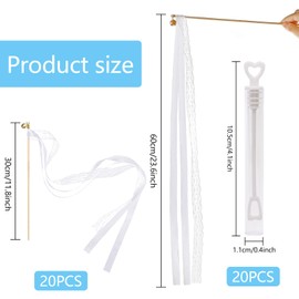 20 Wedding Wands Romantic White Trellis, White Magic Wands, Wedding Streamers with Bells and Ribbons, Lace Rods Wedding, Lace Ribbon with 20 Soap Liquid Tubes for Wedding Parties