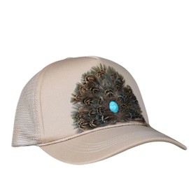 WILLOW LANE HAT CO. Western Feathered Trucker Cap, Baseball Mesh Snapback (Feather 1 (Stone), Tan)