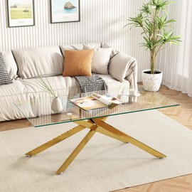 Glass Coffee Table for Living Room, Clear Coffee Table with Tempered Glass Top&Metal Leg, Modern Coffee Table for Home Office. (Gold, 39.4 inch)