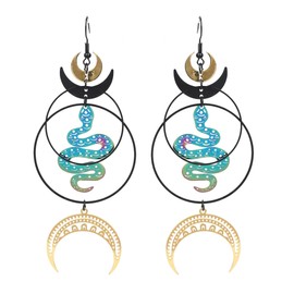XCTUDY Mystic Moon Snake Earrings, Gothic Witch Style Dangle Earrings with Holographic Blue Serpent Design, Black and Gold Crescent Moon Accents (Black)