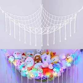 Stuffed Animals Net or Hammock with LED Light, Hanging Stuffed Animals Storage  Hammock Net Corner Wall Girls Room Decor  Storage Organizer (White) - Color: white