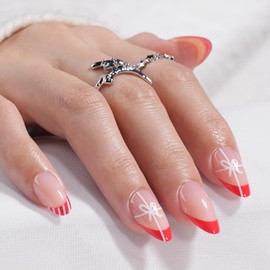 Christmas Press On Nails, Short Almond French Tip Fake Nails Gifted Tips Design, Winter Nails Reusable Stick On Nails with Glue for Women, 32pcs Set in 16 Sizes | Salon Quality