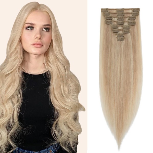 Benehair Clip-In Real Hair Extensions, 8 Pieces, 100% Real Hair, Platinum Blonde Hair Extensions, Clip Hair Extensions for Women, 18 Hair Clips per Set, 20 cm, 45 g