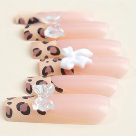 SINHOT Long Press on Square Fake Nails - Glossy Glue on Leopard Print Acrylic Squoval with 3D Bowknot Decor - French Tip Artificial Stick on False Design - 24 Pcs