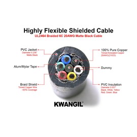 KWANGIL 6C 20AWG AMSB Shielded Cable Wire (UL2464) - Highly Flexible Str TC, PVC Ins, OS+TC BRD, PVC JKT for CNC Machine, Stepper Motor, VFD Spindle (Matte Black 25FT)