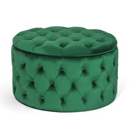 Homebeez 28 Inch Round Velvet Storage Ottoman Button-Tufted Footrest Stool Coffee Table for Living Room (Emerald Green)