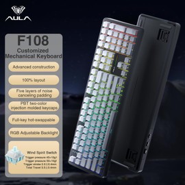 AULA F108 Wireless Mechanical Keyboard, Full Size Gaming Keyboard with Number Pad, Side Printed PBT Keycaps, Pre-lubed Switches, RGB Backlit, Hot Swappable Creamy Sounding Computer Keyboards, 108 keys