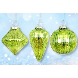 Lime Green Mercury Glass Ornaments, Set of 3 Ribbed Glass Ornaments