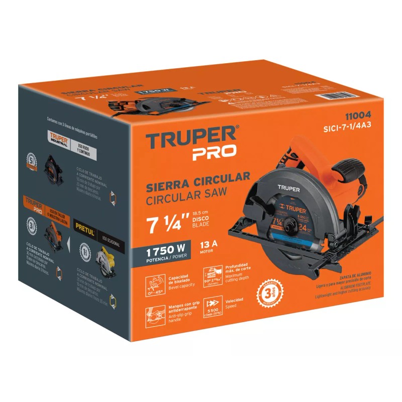 Truper Sierra Circular Eléctrica 7 1/4, 1750 W, Truper SICI-7-1/4A3