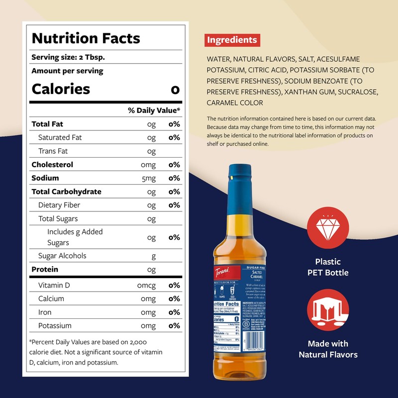 Torani Sugar Free Coffee Syrup, Salted Caramel Flavored Syrup for