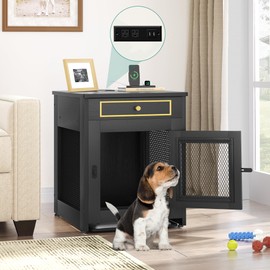 YITAHOME Dog Crate Furniture with Dual USB Charger, Wooden Dog Kennel End Table with Cushion Tray, Drawer for Small Dogs Under 25 lbs Indoor Use, Black