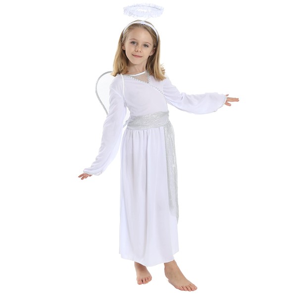 Kids Angel Costume - Small - White Angel Dress With Silver Details + Silver Halo Headband - Girls Angel Fancy Dress Christmas Nativity Costume