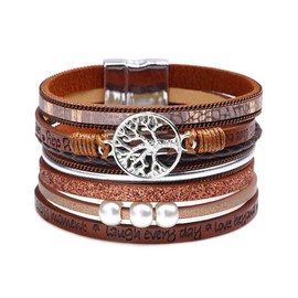 Fesciory Leather Wrap Bracelets for Women, Boho Leopard Multi-Layer Crystal Beads Cuff Bracelet Jewelry (Tree of Life(Brown))