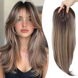 Synthetic Hair Topper with Bangs 18 Inch Layered Toppers for Women with Thinning Hair 5.5" x 5" Hand-Woven Forehead Hairline 360° 3D Cover Wispy Synthetic Toppers Hair for Women Fiber Wiglets