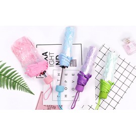 36 Inch Transparent Clear Folding Umbrella with Cherry Blossom for Wind and Heavy Rain (Blue)