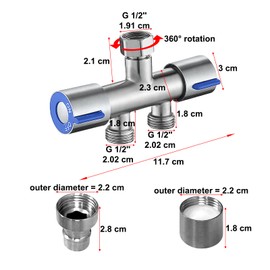 HONPHIER Gardena Diverter Valve Angle Regulating Valve with 2 Handles, 2-Way Brass Distributor, Hose Distributor, G1/2 Inch Water Distributor for 1/2 Inch Hand Shower, Toilet Pouring Basin, Washing Machine (Female)