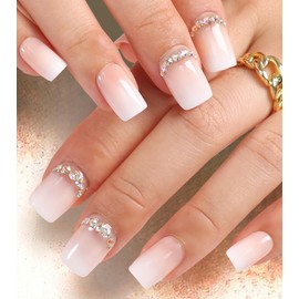 Kikmoya Press on Nails Short Square Ombre Fake Nails with Rhinestones Designs Glossy Full Cover False Nails Reusable Acrylic Stick on Nails for Women 24 Pcs