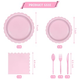 150Pcs Pink Paper Plates and Napkins,Light Pink Party Supplies Include Scalloped Plate Napkins Spoons Forks Knives for Serve 25 Guests