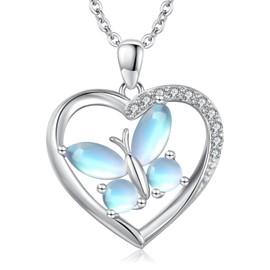 Twoowl Butterfly Moonstone Necklace for Women 925 Sterling Silver Butterfly Heart Necklace Moonstone Butterfly Heart Jewellery Christmas Gifts for Women Girls