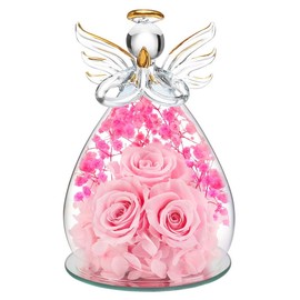 DEEMEI Preserved Real Flowers Birthday Gifts for Mom Grandma Wife Sister Pastor, Angel Figurine with Rose in Glass Cover for Easter Mother's Day Decor:_Red