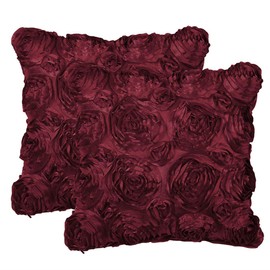 PiccoCasa Pack of 2 3D Stereo Satin Rose Cushion Covers, Decorative Throw Pillow Cases for Sofa Bedroom Car - 40x40cm/16x16in Red Burgundy Square Pillow Covers with Zipper