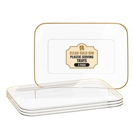 3 Pack Plastic Serving Trays for Party - Gold Serving Tray 8 x 11 Inch - Heavy Duty Dessert Trays for Food - Rectangular Party Serving Trays for Entertaining - Clear Cookie Platters