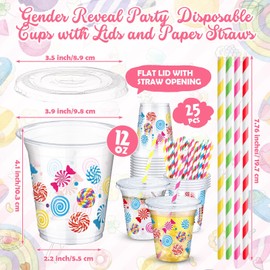 Jingmore 25 Pack Candyland Party Plastic Cups with Lids and Paper Straws 12 oz Colorful Lollipop Candy Themed Party Disposable Cup for Lollipops Birthday Party Supplies Baby Shower Birthday Decoration
