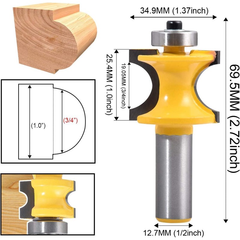 HOHXEN 1/2'' Shank Bullnose Router Bit,3/4'' Dia Half Round Blade,for