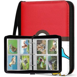Álbum de Tarjetas de 400 Tarjetas, Carpeta para Tarjetas, Álbumes para Cartas Coleccionables con 4 Bosillos 50 Páginas, Carpeta Portátil de Cuero para Cartas, Rojo+Blanco