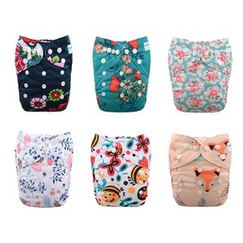 babygoal Reusable Cloth Diapers for Girls, Adjustable Washable Nappy 6pcs+ 6pcs Microfiber Inserts+One Wet Bag 6YDG08