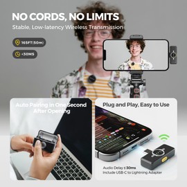 NearStream NearStream Wireless Lavalier Microphone for iPhone/Android, Lapel Microphone Wireless with Lightning/USB-C Plug-Play, Noise Cancellation, 24H Battery for Livestream, Vlog, Interview, Podcast (AWM25T)