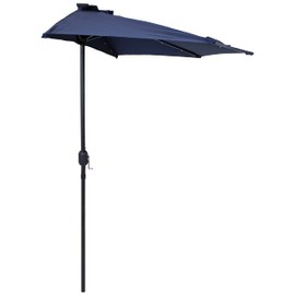 Sunnydaze 9-Foot Half Patio Umbrella with Solar LED Lights - Navy Blue