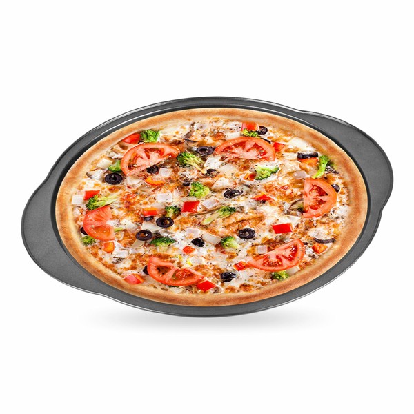 LAVY Pizza Tray Carbon Steel Heavy Duty Pizza Oven Tray with Flat Handles Non Toxic Homemade Round Pizza Pan Suitable for Oven Baking Serving Roasting Healthy Reusable Pizza Pan Non Stick 30cm (1 PC)