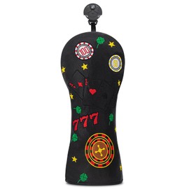 Golf Headcover 777 Playing Cards Golf Cover PU Headcover Set Fits Driver Fairway Hybrid Woods Iron Wedge Headcovers (Black-Hybrid)