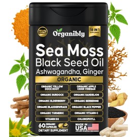 Organic Sea Moss Black Seed Oil Ashwagandha Ginger Capsules. Sea Moss Capsules with Black Seed Oil, Ashwagandha, Turmeric, Bladderwrack, Burdock Root, Apple Cider Vinegar