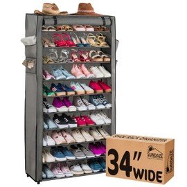 Sundaze Shoe Rack with Cover - 10 Tier Shoe Rack for Front Door Entrance, Sturdy Tall Shoe Organizer for Bedroom, Closet, Garage, Non Woven Fabric Shelf, Grey, Holds Up to 50 Pairs