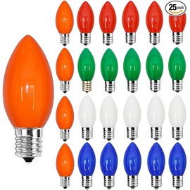 25 Pack C9 Multicolor Christmas Light Bulbs, C9 Multicolor Replacement Bulbs for Outdoor Patio Christmas String Lights, 7W Incandescent Night Light Bulbs, C9/E17 Intermediate Base Bulb,120V 7W bulb
