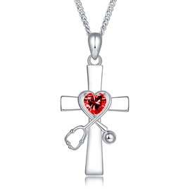 TRENSYGO White Gold 925 Sterling Silver Red Garnet Heart Cross Stethoscope Necklaces for Women Men Female Nurse Doctor January Birthstone Nursing Jewelry Graduation Mother Day Christmas Gifts