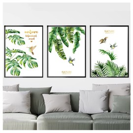Wanfoou Pack of 3 Premium Posters, Green Plants Picture, Wall Decoration Living Room & Bedroom, Inspirational Quotes Wall Picture, Watercolour Green Leaves Pictures for Bedroom Decoration, Without