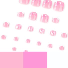 24 Pcs Pink Press On Toenails for Women MINGCHUN Summer Toe Nails Press Ons Toe Nail Tip with Tool Fake Nails Full Cover False Toenails Stick on Toe Nails with Cute Heart White French Design for Women