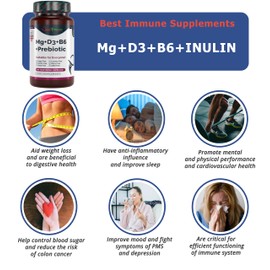 Immune Boost Magnesium Lactate Vitamins B6 & D3 and Inulin Prebiotic Complex Natural Product Perfect Proportions Highest Bioavailability 100 Vegetarian Capsules